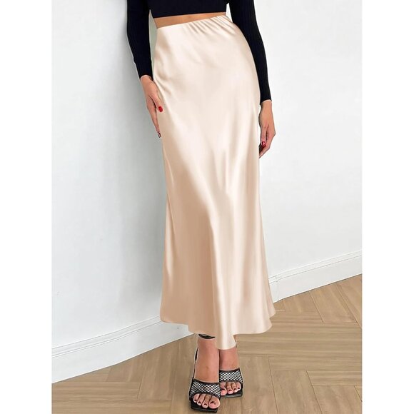 Women Champagne Maxi Dressy Casual Zipped High Waisted Silk Elegant Long Skirt - Picture 4 of 7